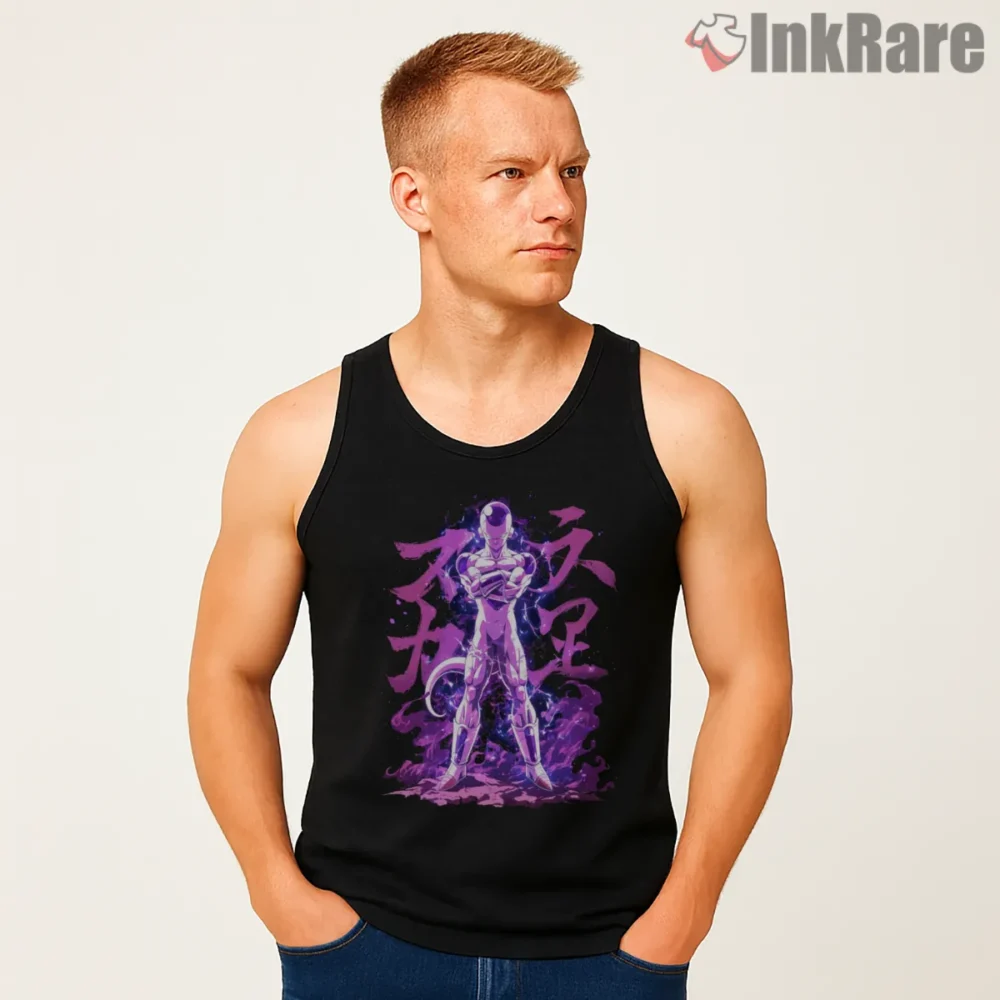 Frieza Purple Energy Calligraphy Storm Shirt on black tank top for men graphic tee