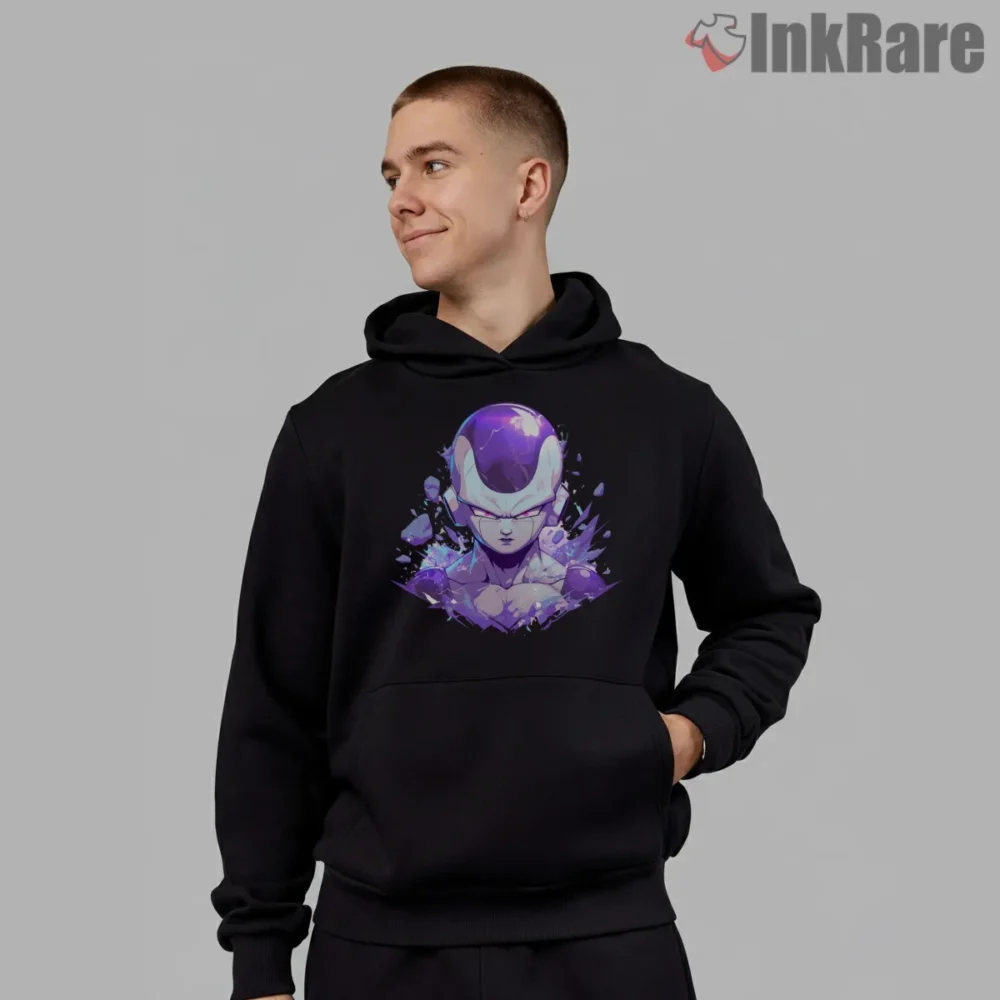Frieza Shattered Power Portrait Shirt on black hoodie for men graphic tee