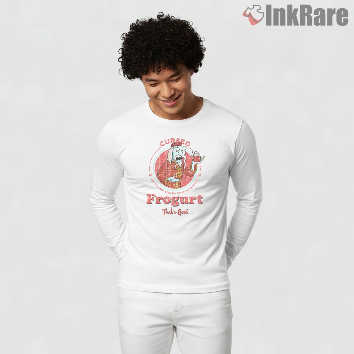 Frogurt Is Also Cursed Grunge Horror Parody Shirt on white long sleeve shirt for men graphic tee