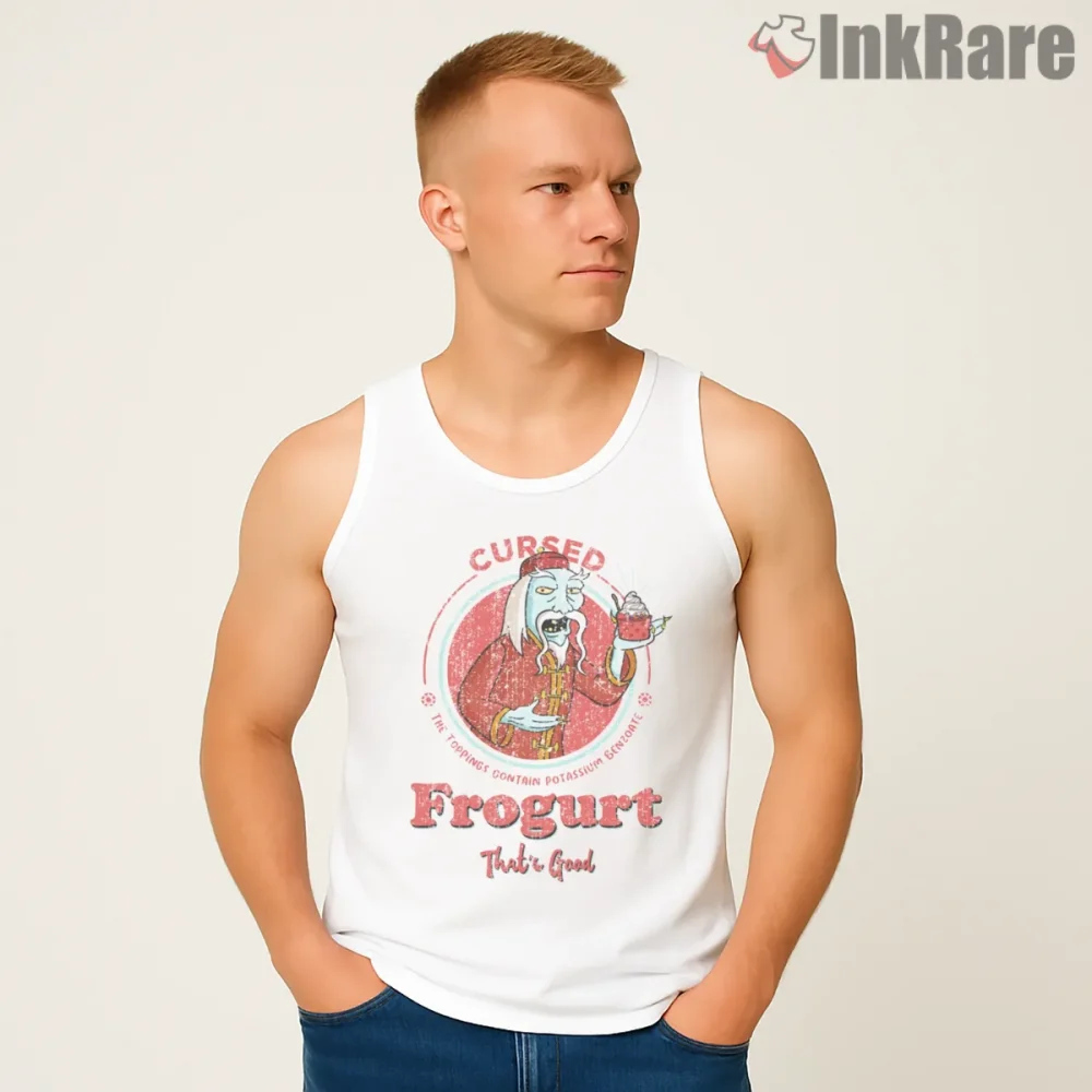 Frogurt Is Also Cursed Grunge Horror Parody Shirt on white tank top for men graphic tee