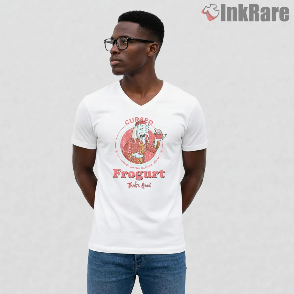 Frogurt Is Also Cursed Grunge Horror Parody V Neck White Frogurt Is Also Cursed Grunge Horror Parody Shirt on white v-neck shirt for men graphic tee