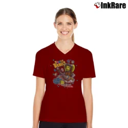 Women’s Fruity Rebels V-Neck Tee in maroon | Chic Neckline, Soft Texture