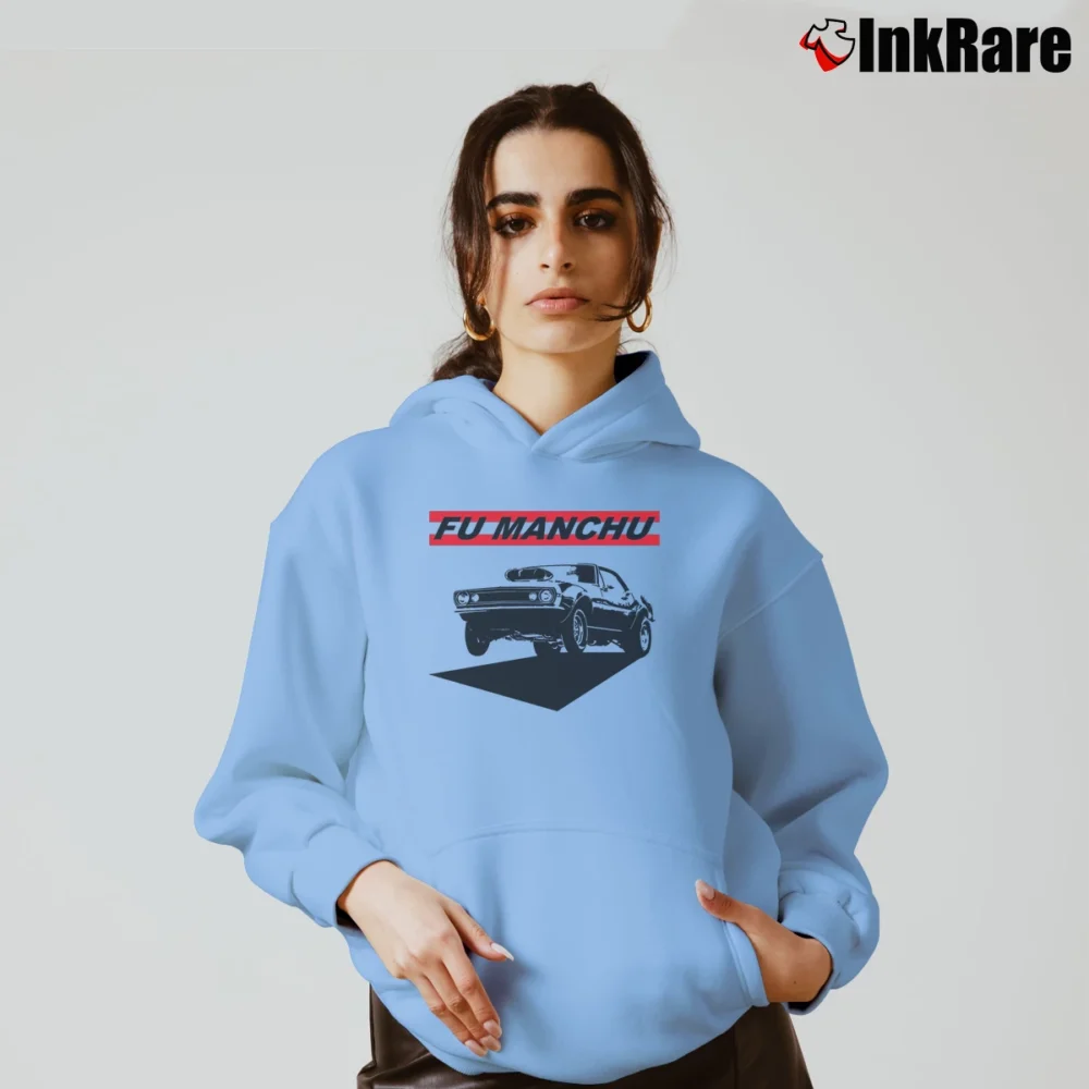 Women’s Fu Manchu Muscles Stoner Rock Cozy Hoodie in light blue | Warm, Structured, Stylish