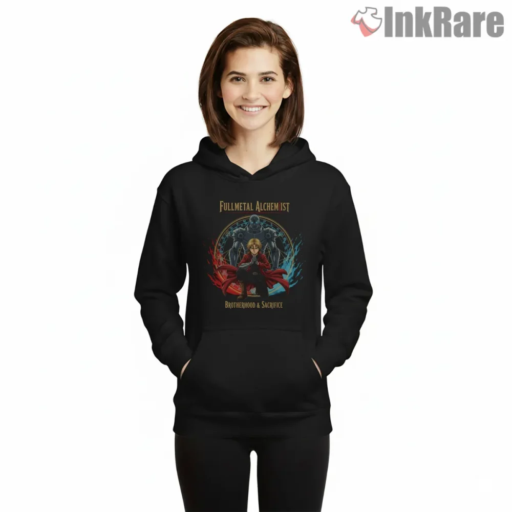 Fullmetal Alchemist Brotherhood Crest Circle Power Anime Shirt on black hoodie for women graphic tee