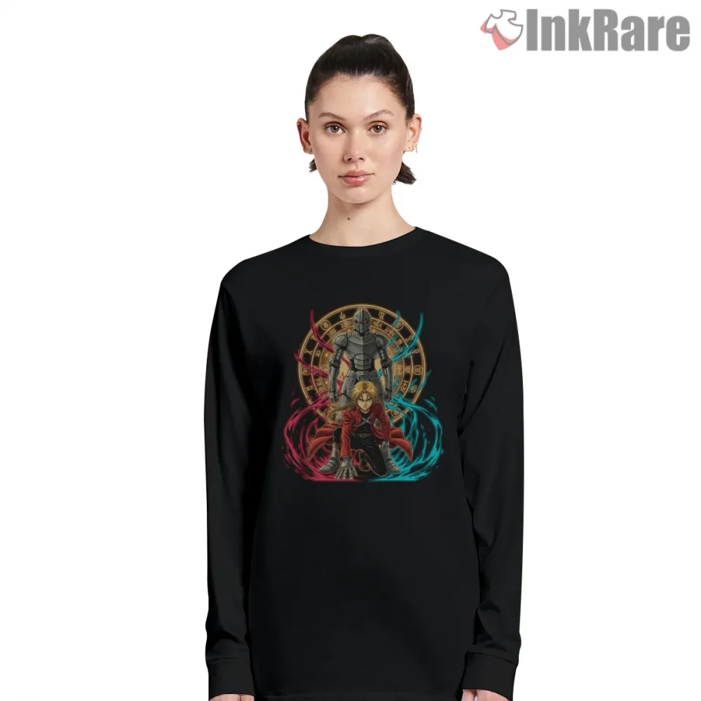 Fullmetal Alchemist Circle Crest Multi Character Anime Shirt on black long sleeve shirt for women graphic tee