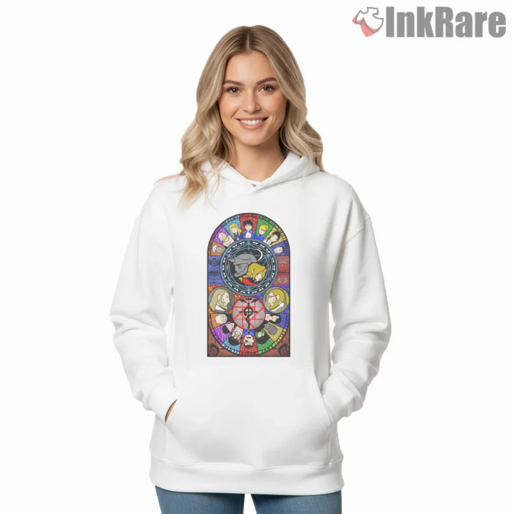 Fullmetal Alchemist Stained Glass Circle Art Anime Shirt on white hoodie for women graphic tee