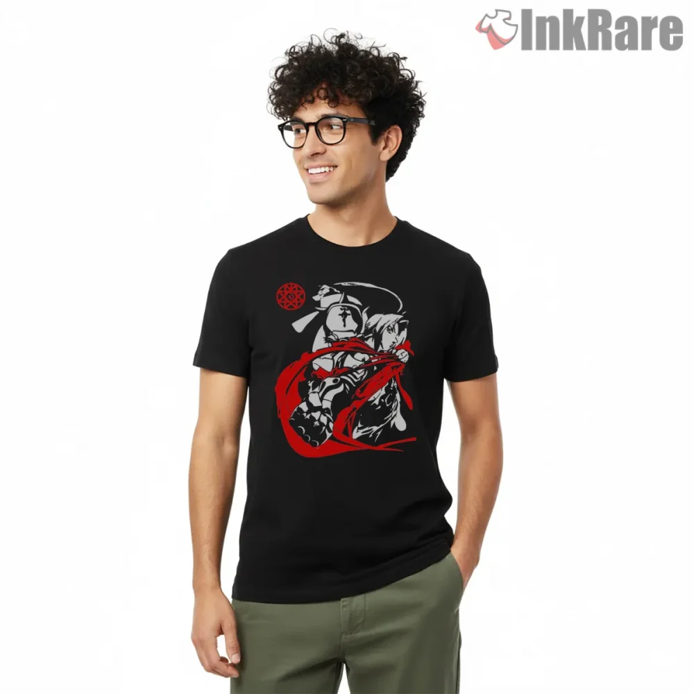 Fullmetal Brotherhood Minimal Red Black Symbol Anime Shirt on black short sleeve shirt for men graphic tee