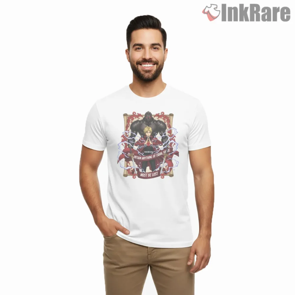 Fullmetal Brotherhood Oath Scroll Lightning Energy Anime Shirt on white short sleeve shirt for men graphic tee
