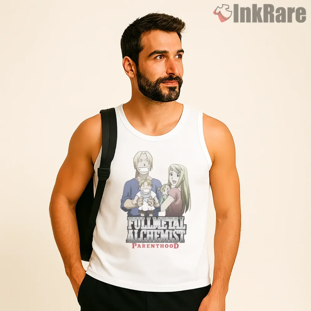 Fullmetal Parenthood Family Humor Graphic Anime Shirt on white tank top for men graphic tee