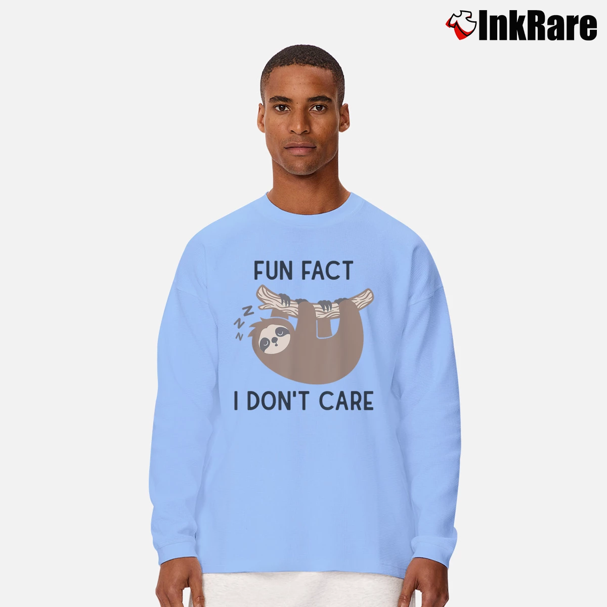 Men’s Fun Fact I Don't Care Funny Sloth Saying Humor Long-Sleeve Shirt in light blue | Sleek, Lightweight, Year-Round Wear