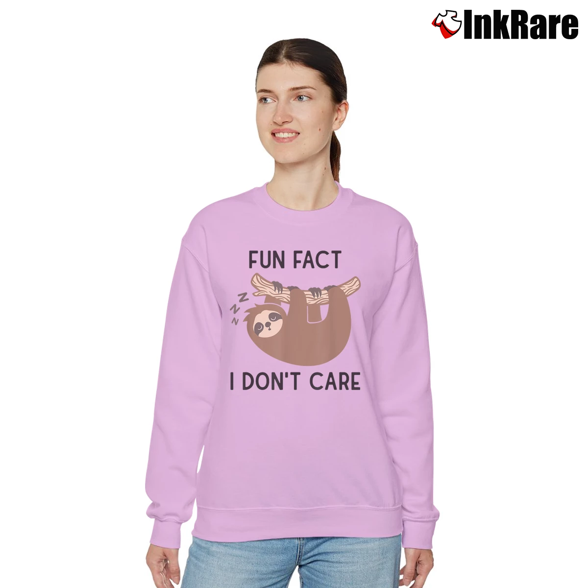 Women’s Fun Fact I Don't Care Funny Sloth Saying Humor Relaxed Sweatshirt in light pink | Soft, Laid-Back Vibe