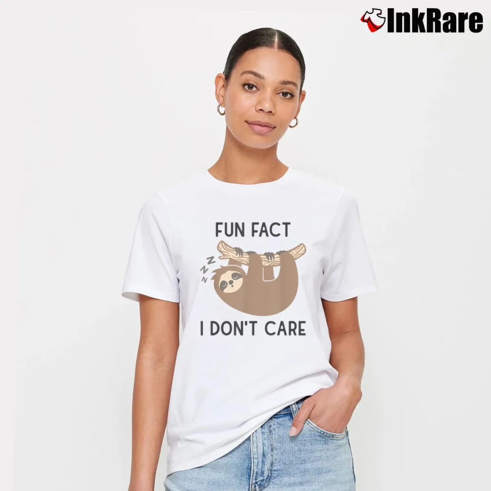 Women’s Fun Fact I Don't Care Funny Sloth Saying Humor T-Shirt in white | Soft, Flattering Fit