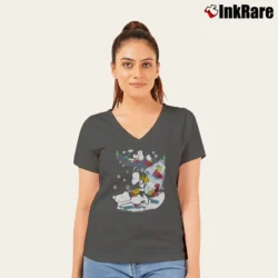 Women’s Fun Snoopy And Woodstock Skiing Peanuts V-Neck Tee in charcoal | Chic Neckline, Soft Texture