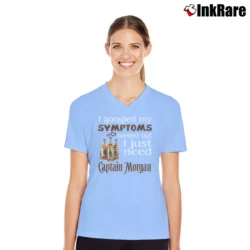 Women’s Funny Captain Morgan Rum Symptoms V-Neck Tee in light blue | Chic Neckline, Soft Texture