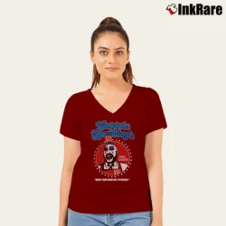 Women’s Funny Captain Spaulding Fried Chicken Satire Funny V-Neck Tee in maroon | Chic Neckline, Soft Texture