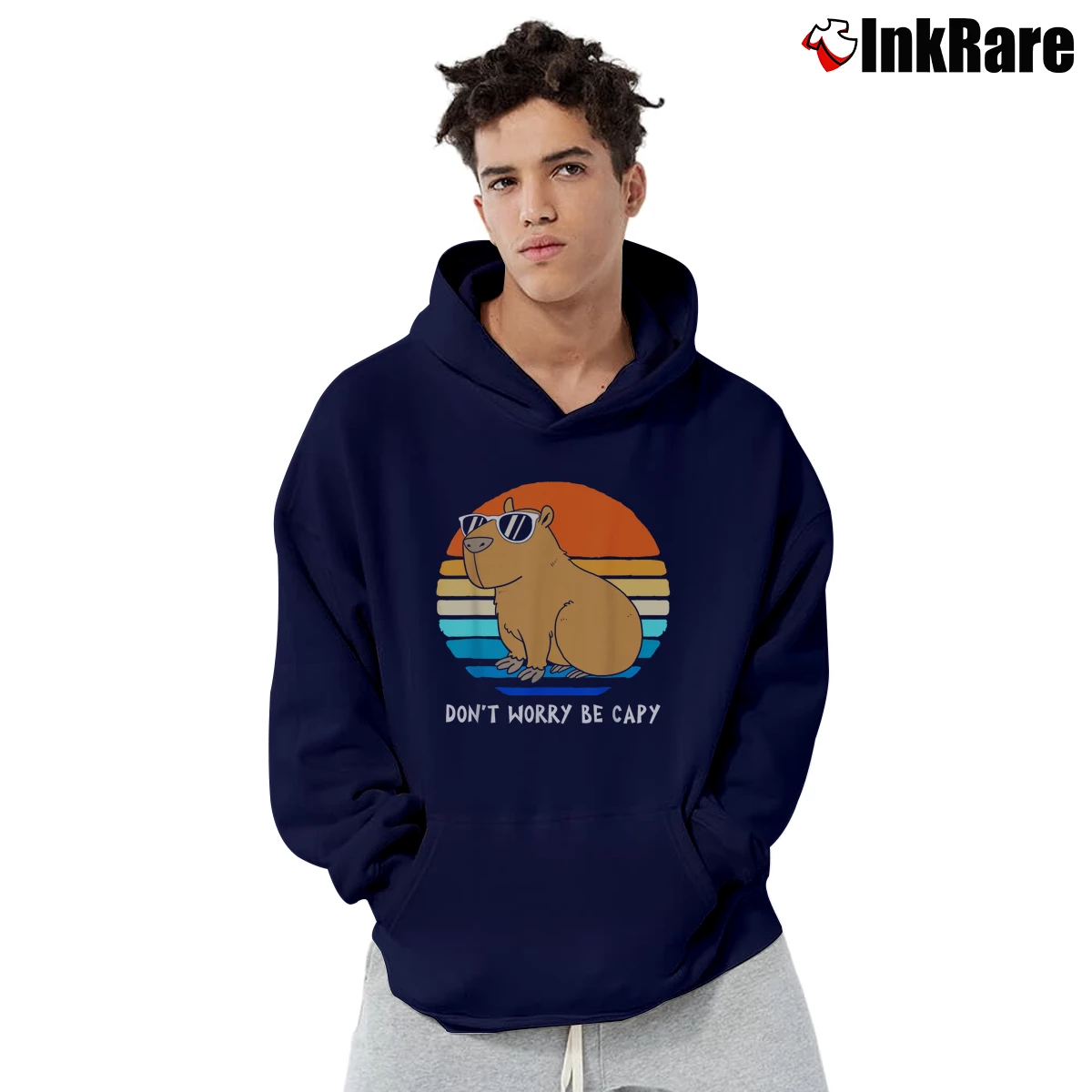 Men’s Funny Capybara Don't Worry Be Capy Pullover Hoodie in navy | Cozy, Durable, Modern Fit