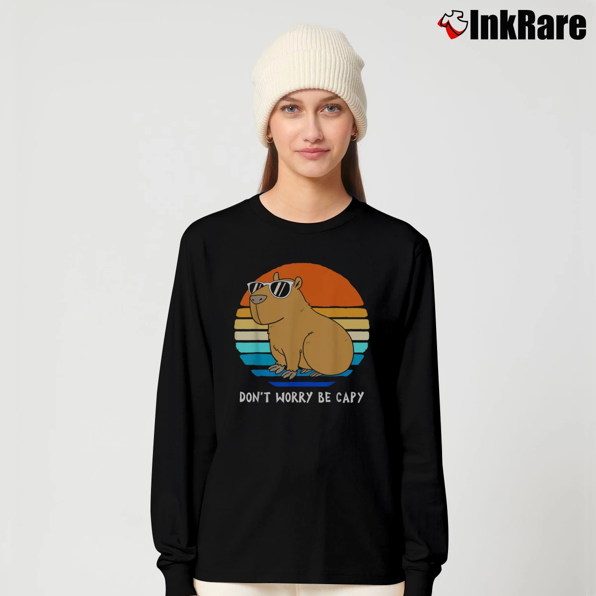 Women’s Funny Capybara Don't Worry Be Capy Long-Sleeve Top in black | Sleek, Versatile, All-Season
