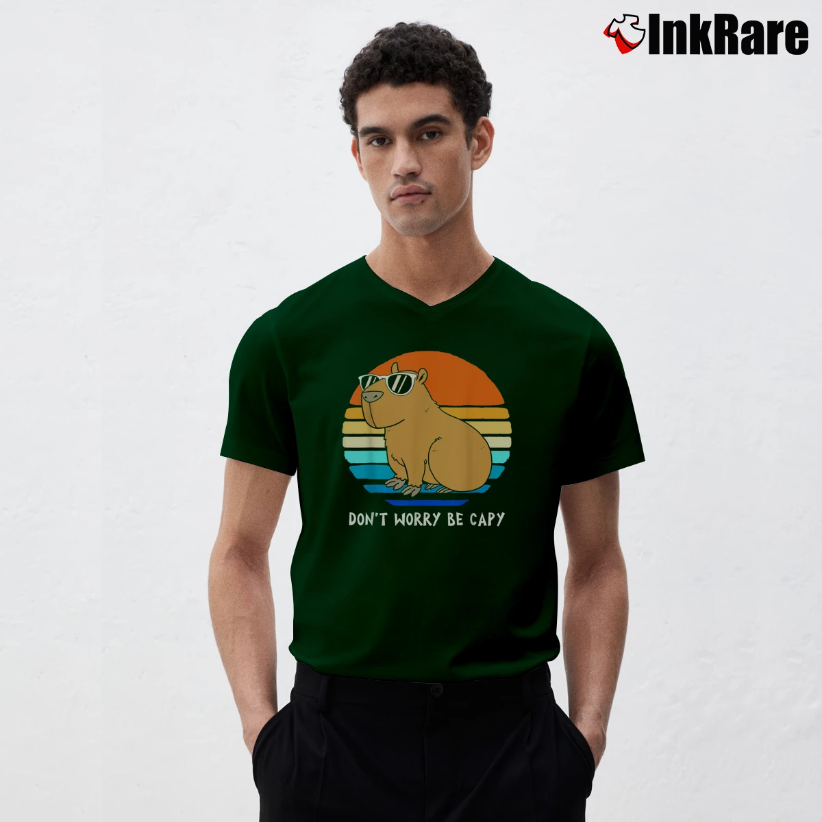 Men’s Funny Capybara Don't Worry Be Capy V-Neck Tee in forest green | Sharp, Breathable, Everyday Staple