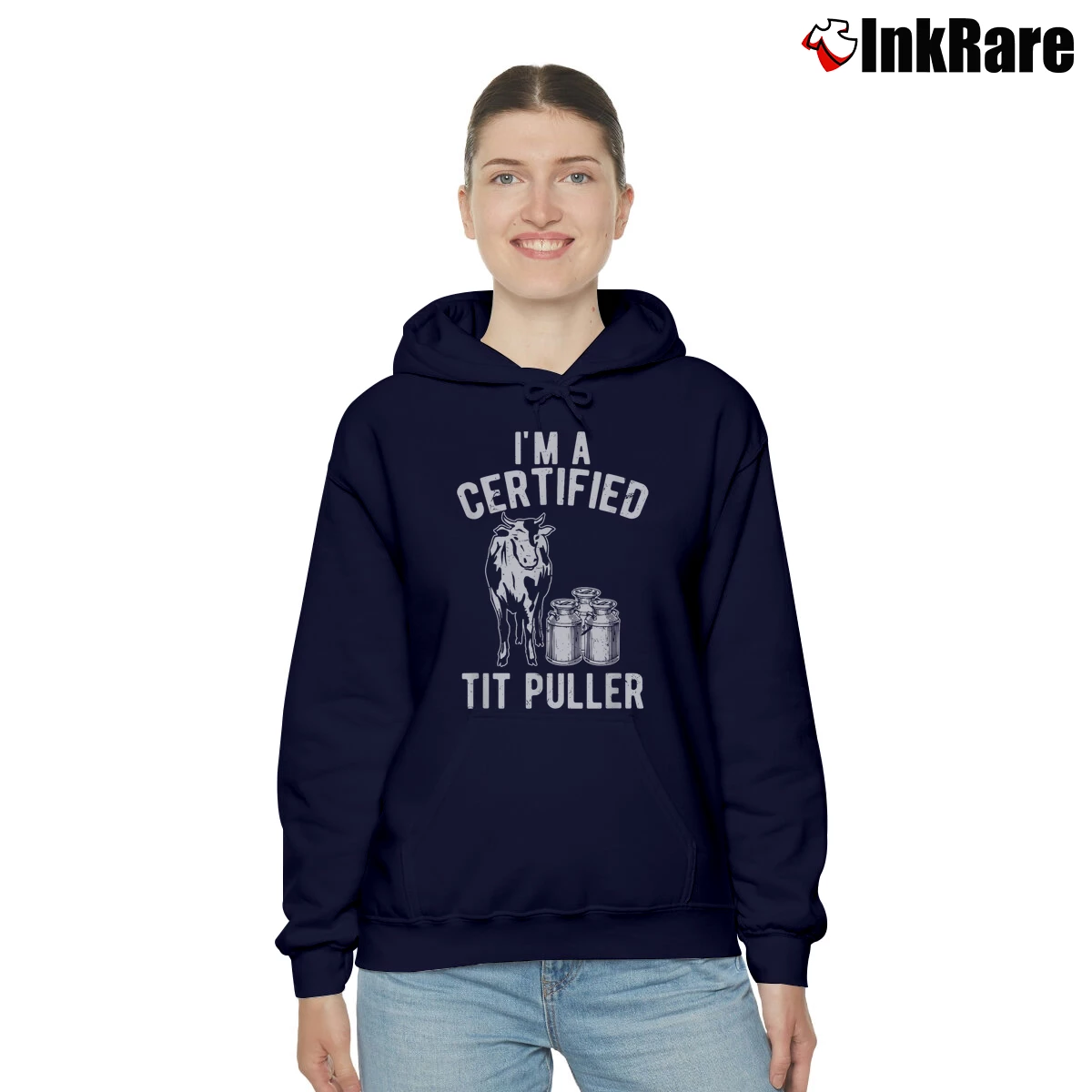 Women’s Funny Dairy Cow Farmer I'm A Certified Tit Puller Cozy Hoodie in navy | Warm, Structured, Stylish