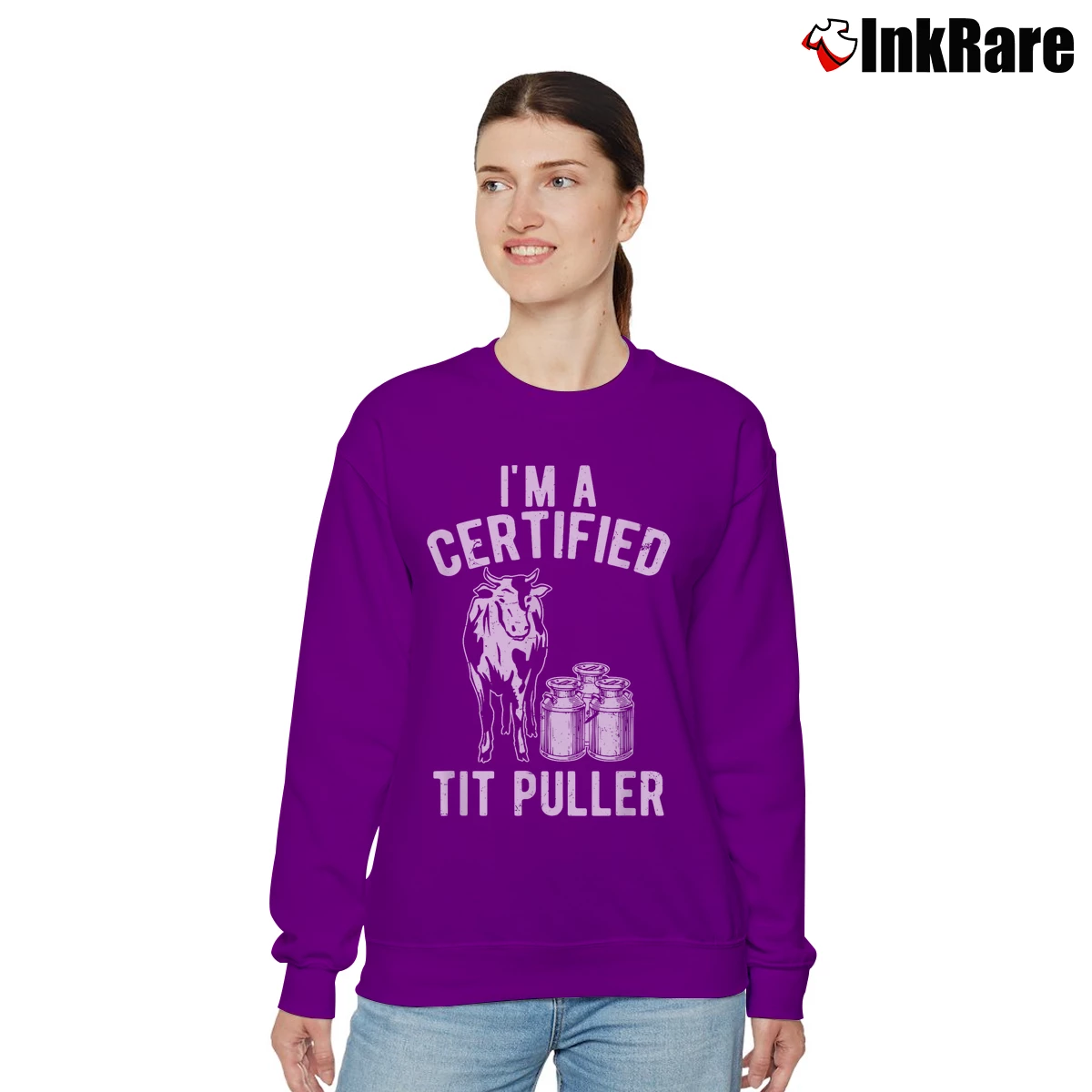 Women’s Funny Dairy Cow Farmer I'm A Certified Tit Puller Relaxed Sweatshirt in purple | Soft, Laid-Back Vibe