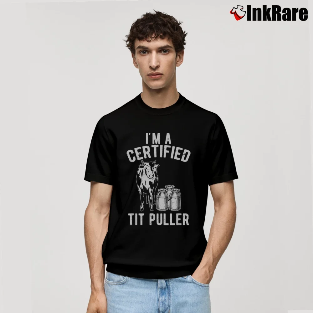 Men’s Funny Dairy Cow Farmer I'm A Certified Tit Puller Classic T-Shirt in black | Soft, Breathable Everyday Wear