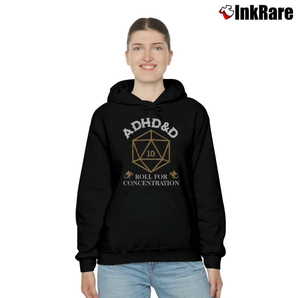 Women’s Funny Dungeons And Dragons Adhd Roll For Concentration Cozy Hoodie in black | Warm, Structured, Stylish