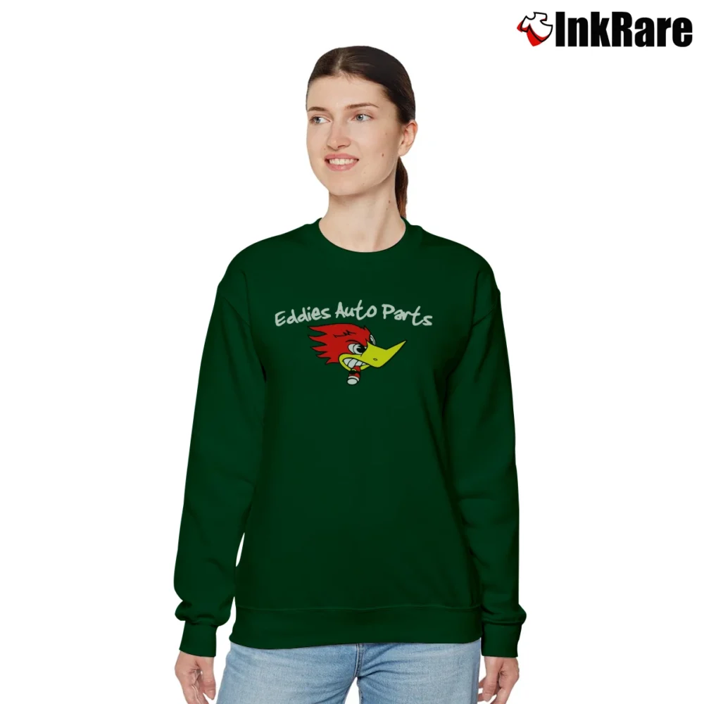 Women’s Funny Eddies Auto Parts Humor Relaxed Sweatshirt in forest green | Soft, Laid-Back Vibe
