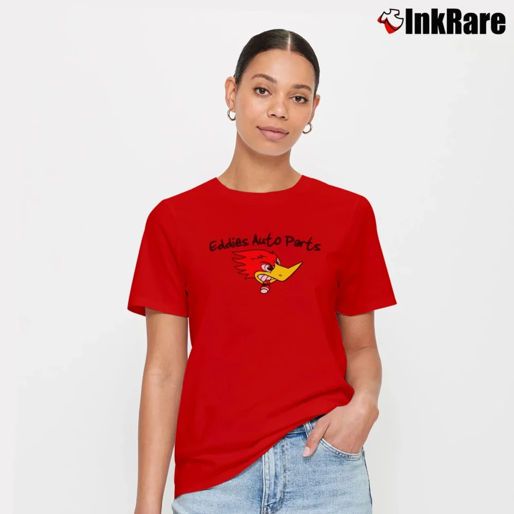 Women’s Funny Eddies Auto Parts Humor Signature T-Shirt in red | Soft, Flattering Fit
