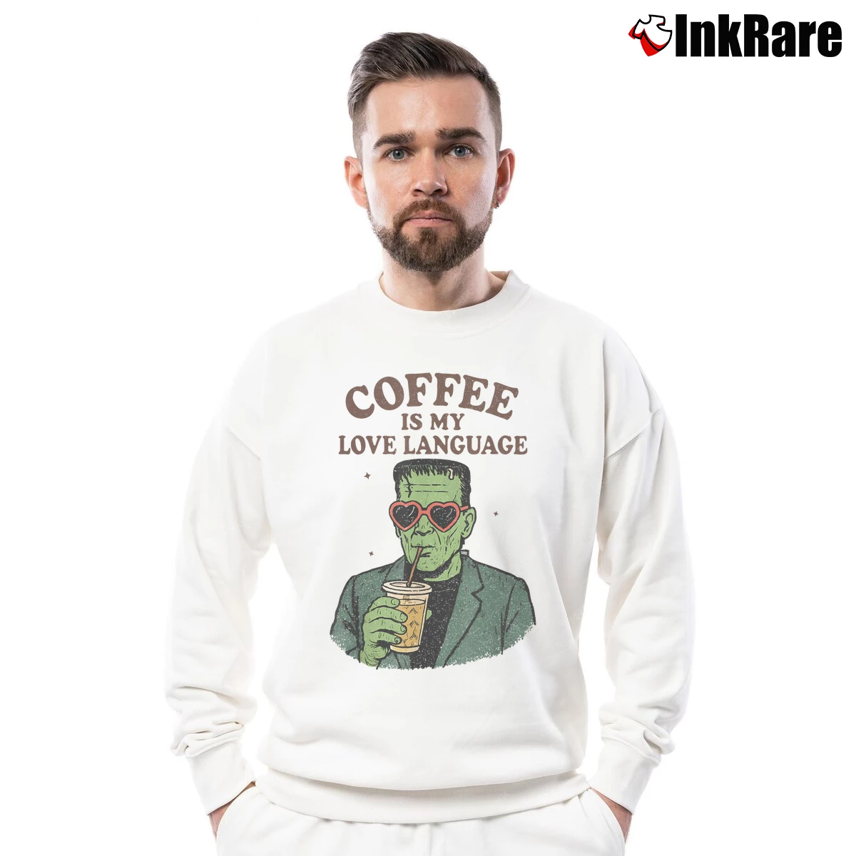 Men’s Funny Frankenstein Monster Coffee Halloween Crewneck Sweatshirt in white | Cozy Fabric, Clean Style