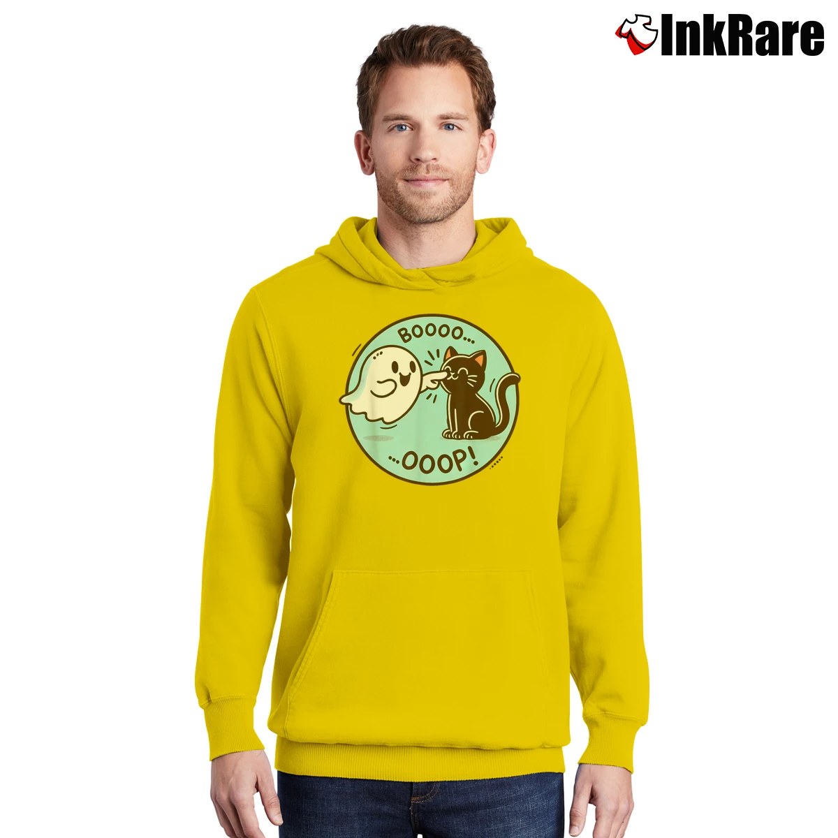 Men’s Funny Ghost Black Cat Boop Lazy Halloween Costume Pullover Hoodie in yellow | Cozy, Durable, Modern Fit