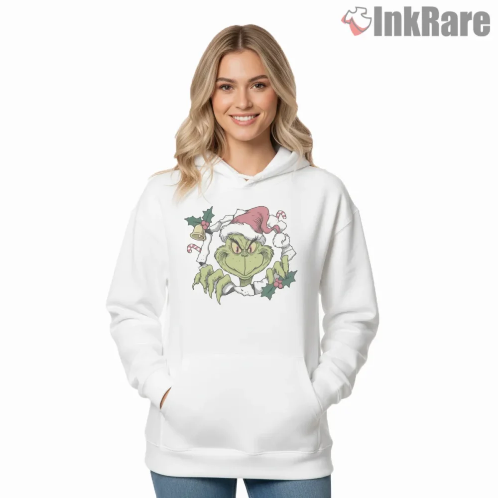Funny Grinch Christmas Mistletoe Mood Shirt on white hoodie for women graphic tee