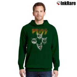 Men’s Funny Kiss Puss Cat Rock Pullover Hoodie in forest green | Cozy, Durable, Modern Fit
