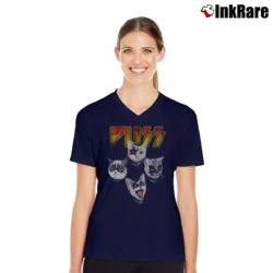 Women’s Funny Kiss Puss Cat Rock V-Neck Tee in navy | Chic Neckline, Soft Texture