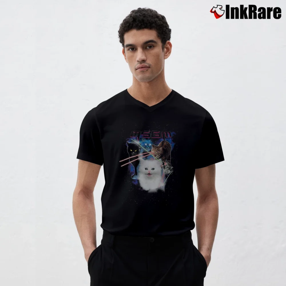 Men’s Funny Kitten Shooting Laser V-Neck Tee in black | Sharp, Breathable, Everyday Staple