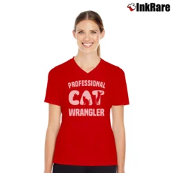 Women’s Funny Kitty Cat Professional Cat Wrangler V-Neck Tee in red | Chic Neckline, Soft Texture