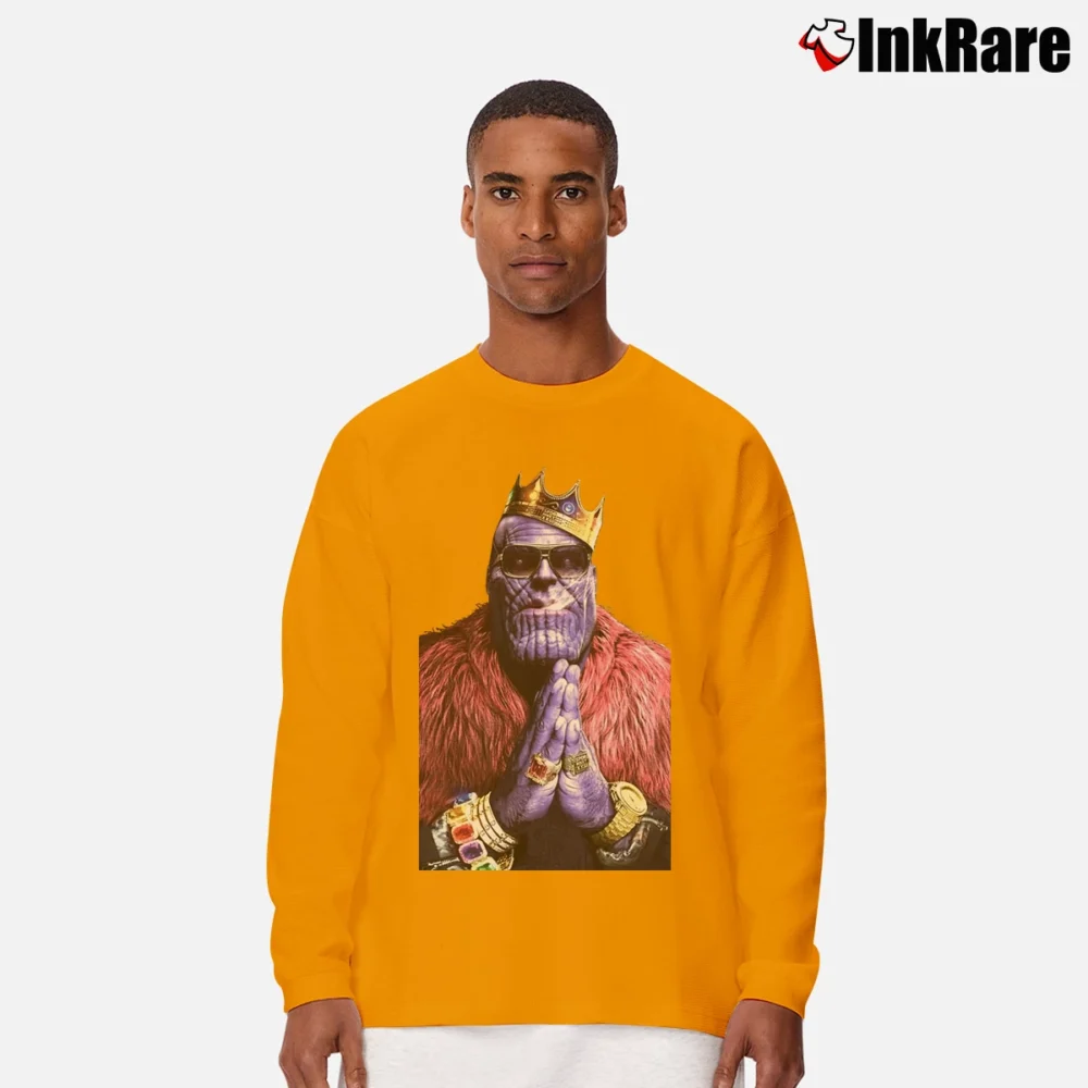 Men’s Funny Marvel Avengers Biggie Thanos Villain Parody Long-Sleeve Shirt in orange | Sleek, Lightweight, Year-Round Wear
