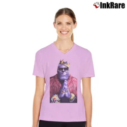 Women’s Funny Marvel Avengers Biggie Thanos Villain Parody V-Neck Tee in light pink | Chic Neckline, Soft Texture