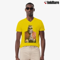 Men’s Funny Marvel Avengers Biggie Thanos Villain Parody V-Neck Tee in yellow | Sharp, Breathable, Everyday Staple