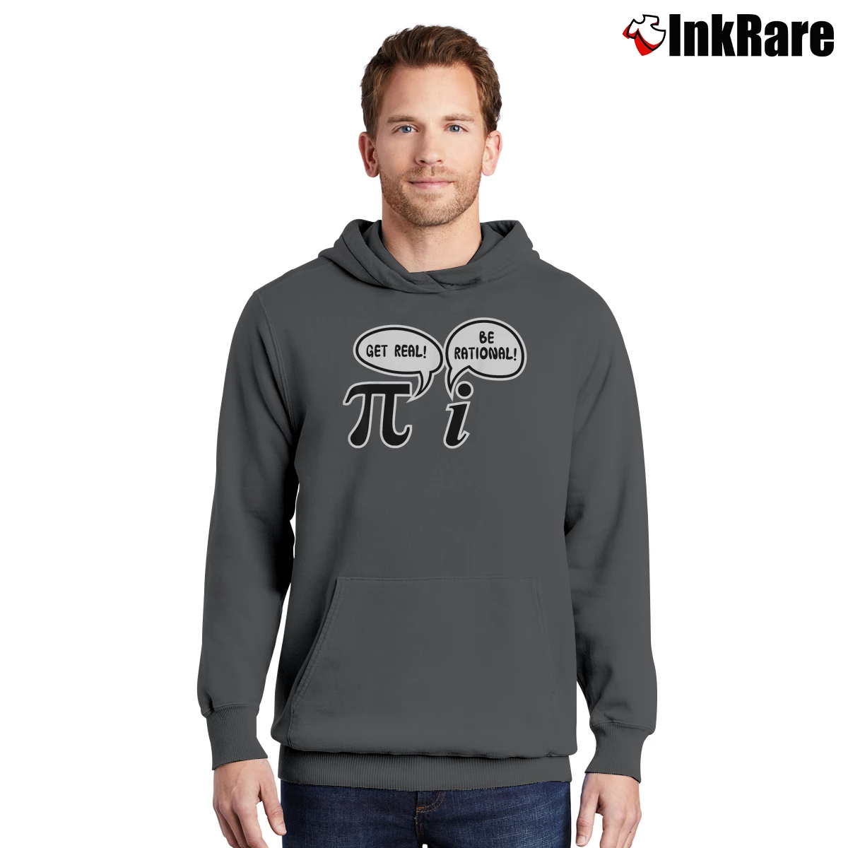 Men’s Funny Math Saying Get Real Be Rational Pi Pullover Hoodie in charcoal | Cozy, Durable, Modern Fit