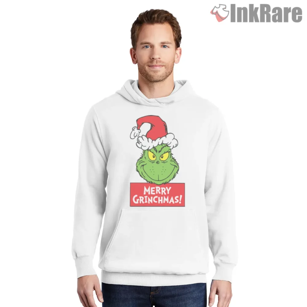 Funny Merry Grinchmas Grumpy Face Shirt on white hoodie for men graphic tee