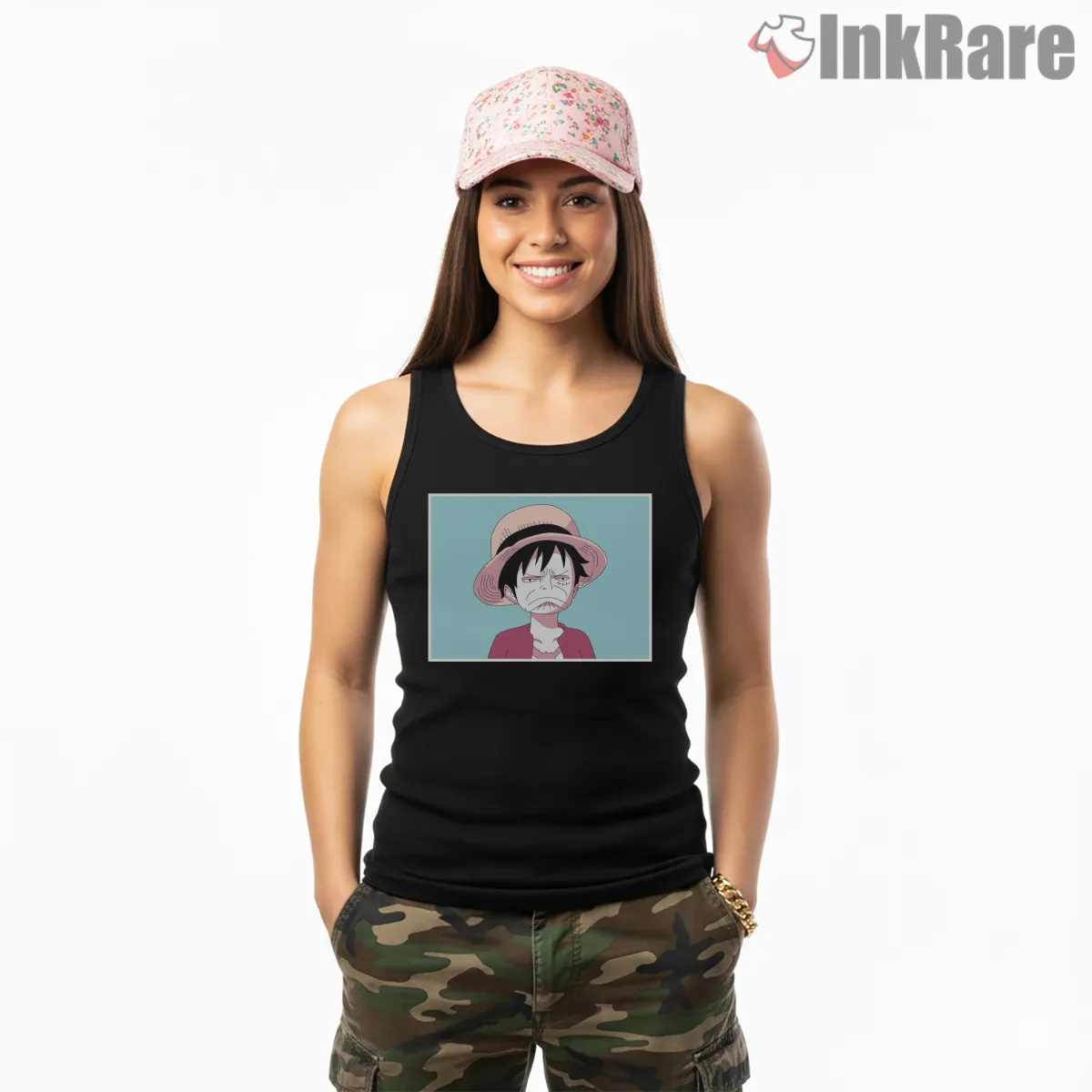 Funny Monkey D Luffy Cartoon Reaction Anime Shirt on black tank top for women graphic tee