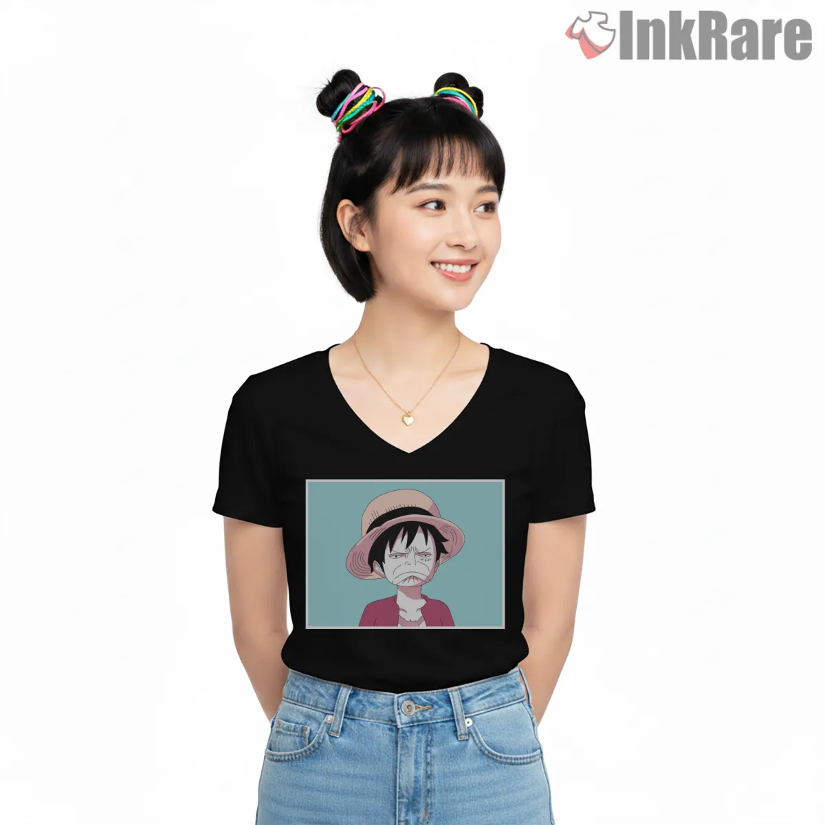 Funny Monkey D Luffy Cartoon Reaction Anime V Neck Black Funny Monkey D Luffy Cartoon Reaction Anime Shirt on black v-neck shirt for women graphic tee