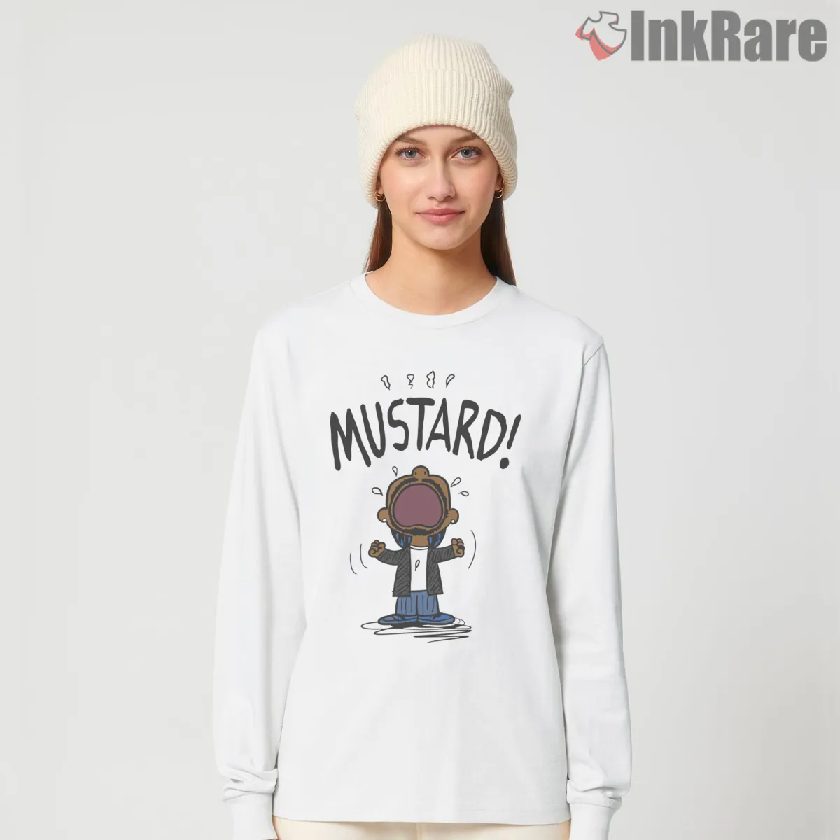 Funny Mustard Lamar Tv Off Parody Meme Cartoon Long Sleeve White Funny Mustard Lamar Tv Off Parody Meme Cartoon Shirt on white long sleeve shirt for women graphic tee
