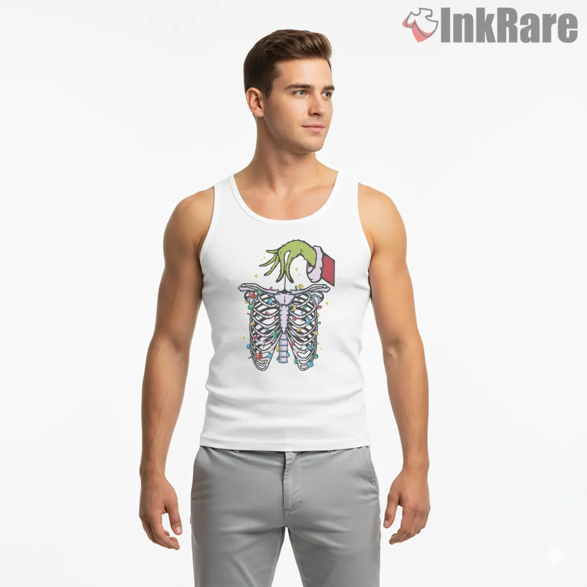 Funny Radiology Grinch Ribcage Hands Christmas Shirt on white tank top for men graphic tee
