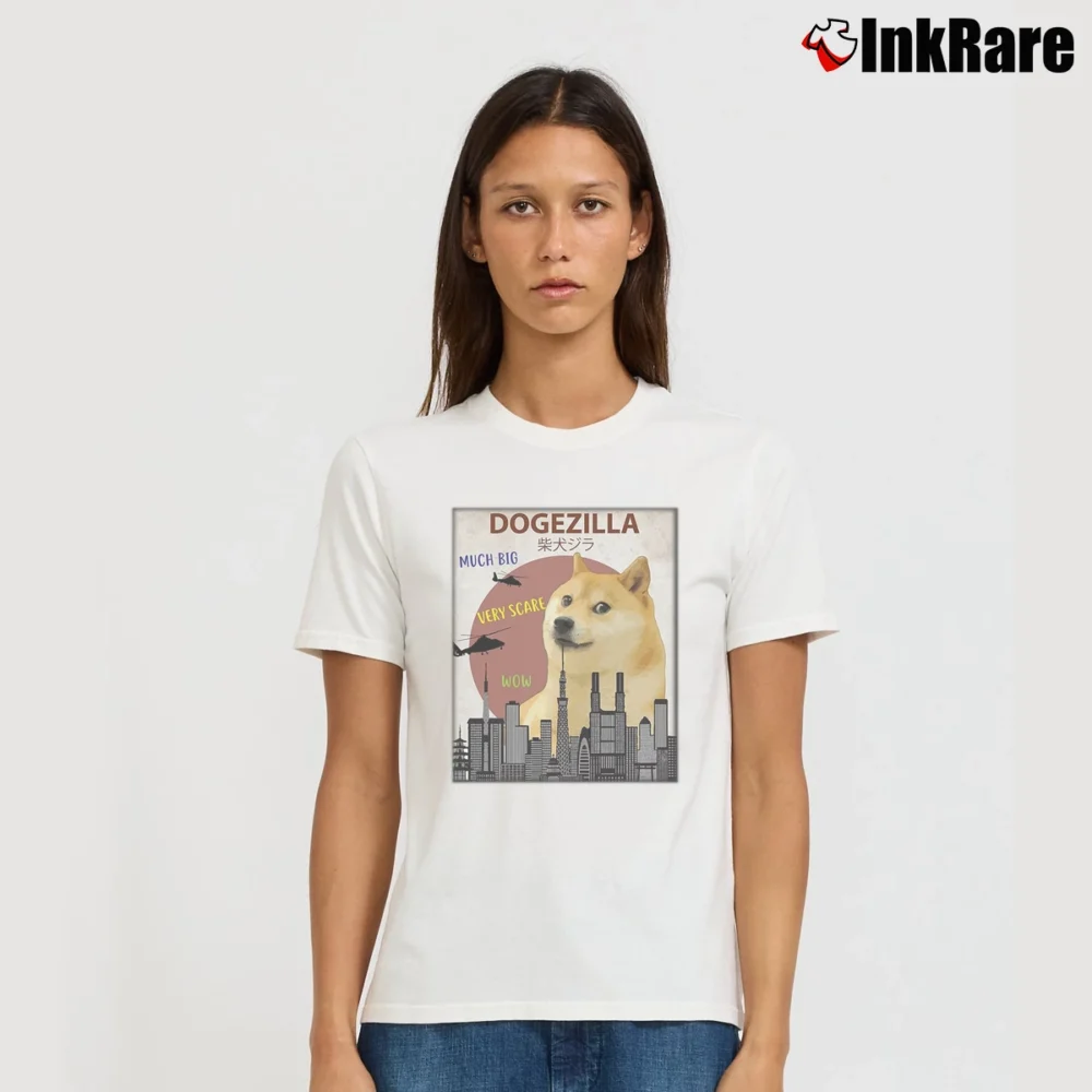 Women’s Funny Shiba Dog Godzilla Dogezilla King Of Monsters Signature T-Shirt in white | Soft, Flattering Fit