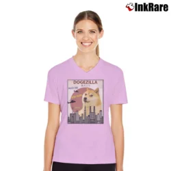 Women’s Funny Shiba Dog Godzilla Dogezilla King Of Monsters V-Neck Tee in light pink | Chic Neckline, Soft Texture
