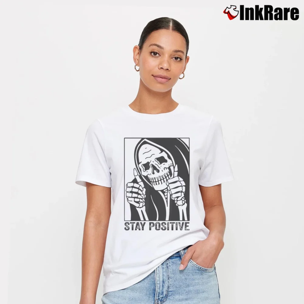 Women’s Funny Skull Stay Positive Skeleton Motivational Halloween T-Shirt in white | Soft, Flattering Fit