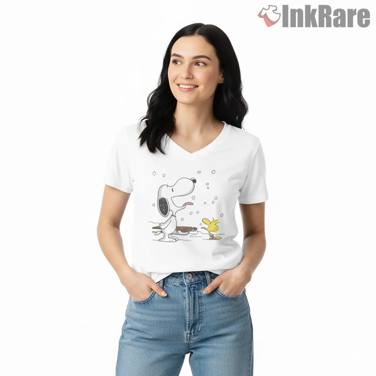 Funny Snoopy And Woodstock Snow Day Shirt on white v-neck shirt for women graphic tee