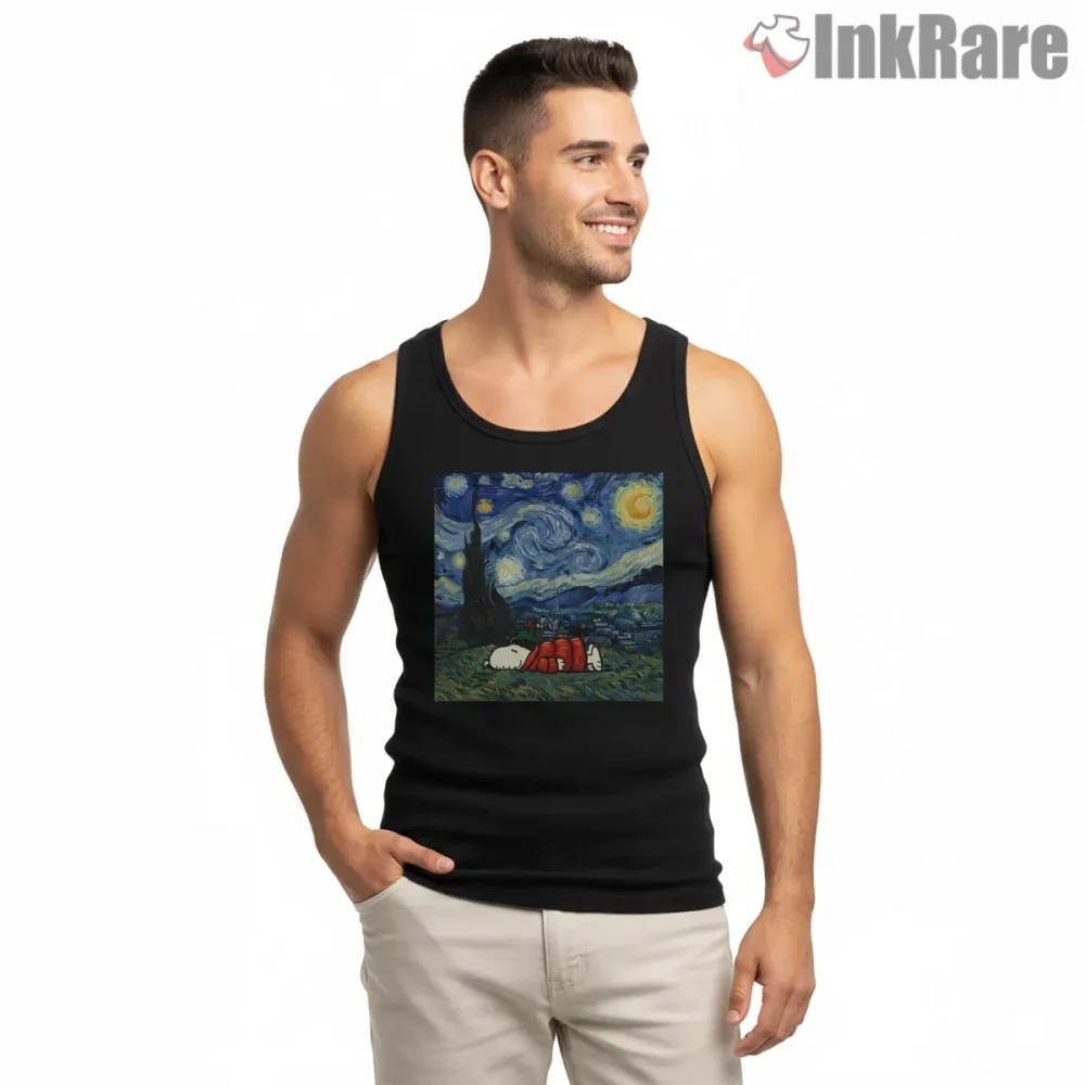 Funny Snoopy Christmas Starry Night Holiday Shirt on black tank top for men graphic tee