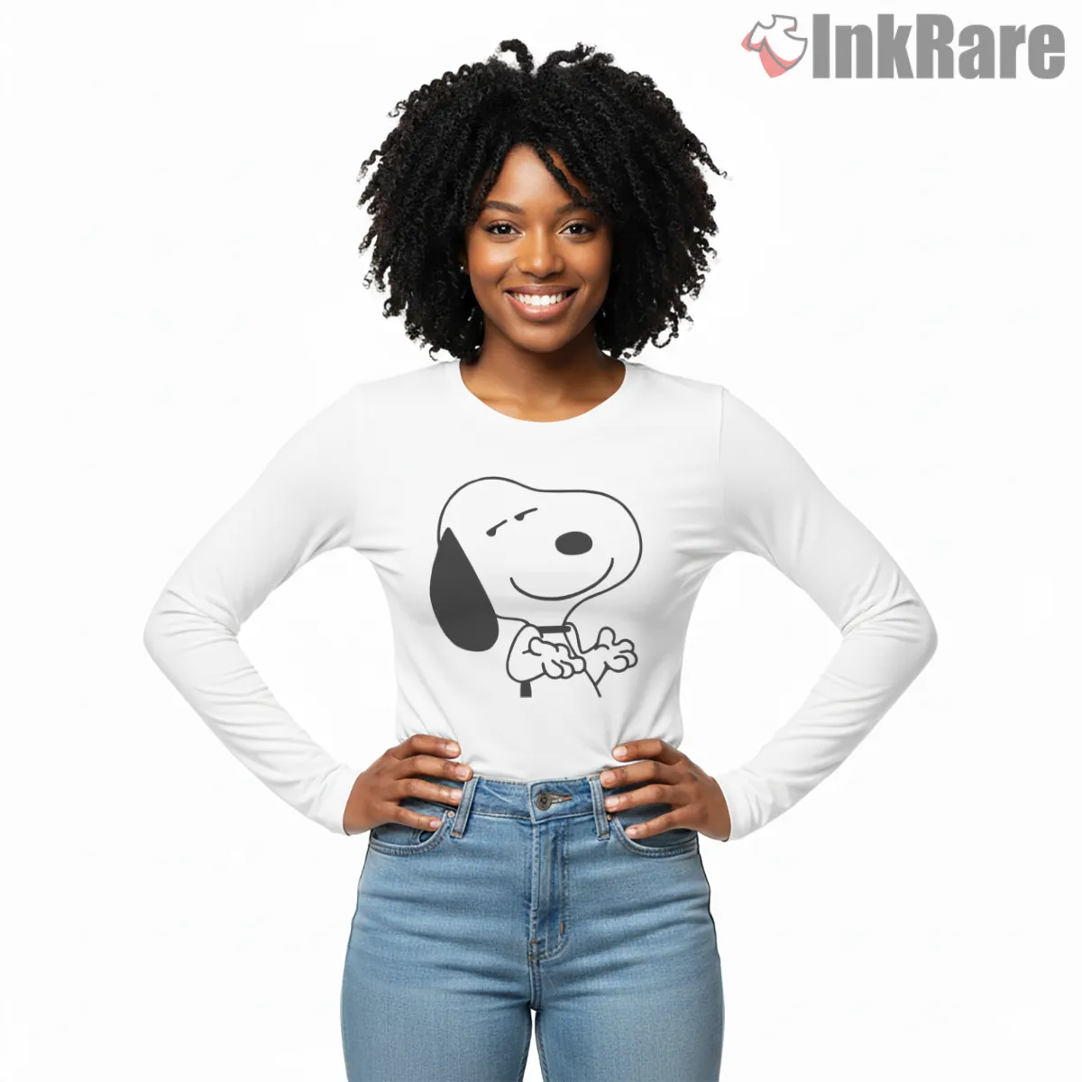Funny Snoopy Close Up Smirk Shirt on white long sleeve shirt for women graphic tee
